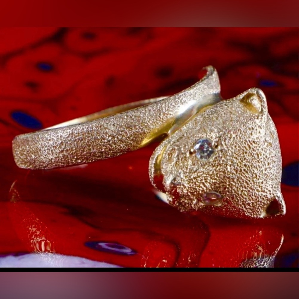 14K Yellow Gold Textured Panther Head Ring w/ Diamond Eyes Wrap Design Size 6